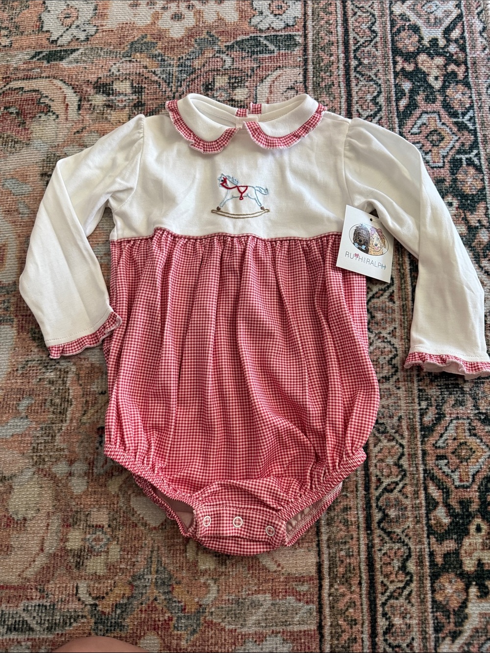 NWT! Ruth & Ralph Red Gingham Rocking Horse One-Piece Bodysuit